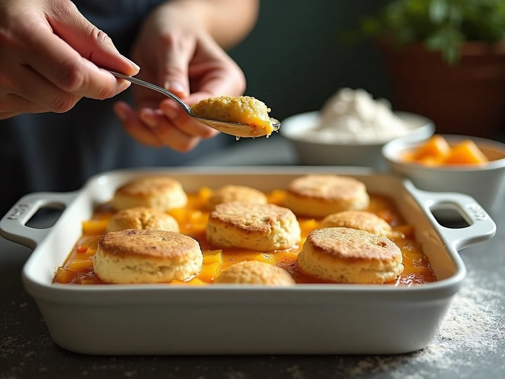 Drop biscuit dough being added over peach cobbler filling