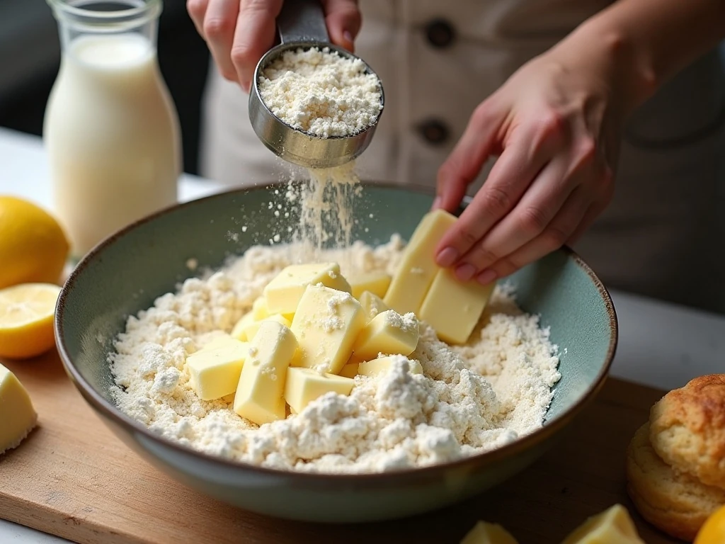 Cold butter being cut into flour for tender cobbler biscuits