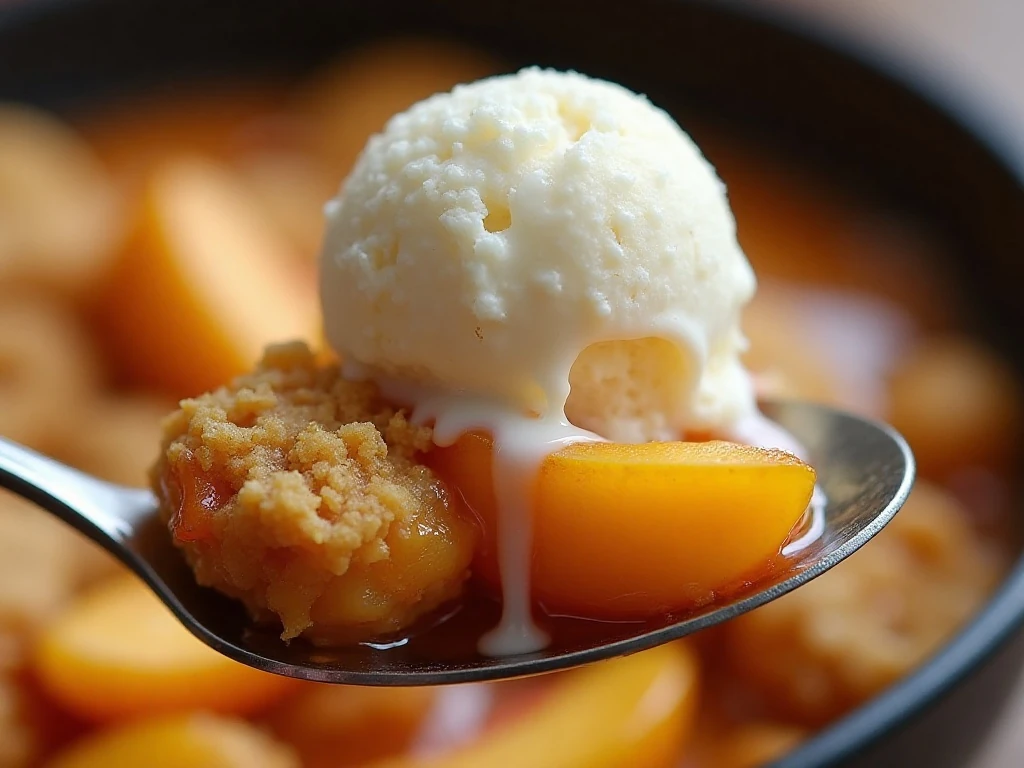 Close-up serving of peach cobbler with melting vanilla ice cream