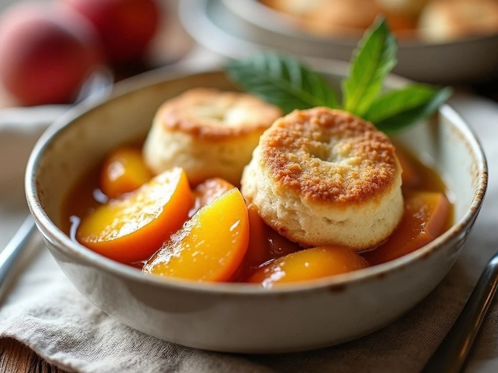 A warm serving of bourbon peach cobbler ready to enjoy