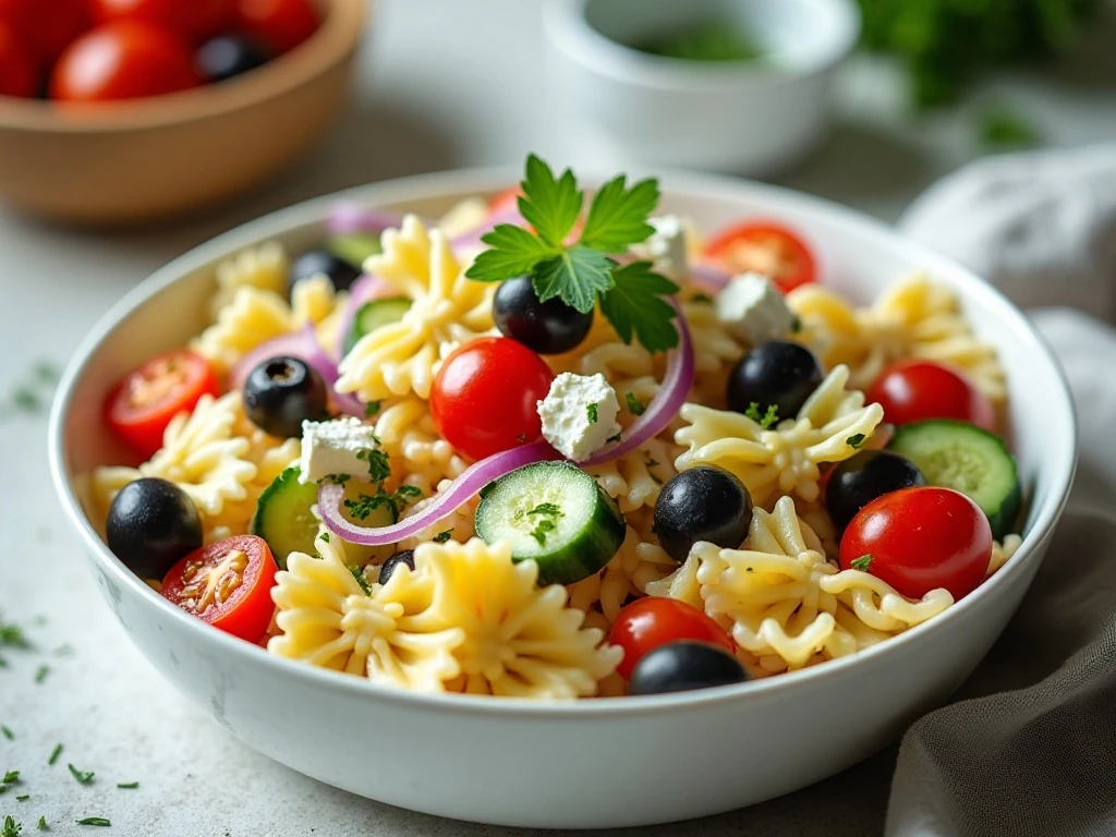 Colorful bowtie feta pasta salad served in a white bowl