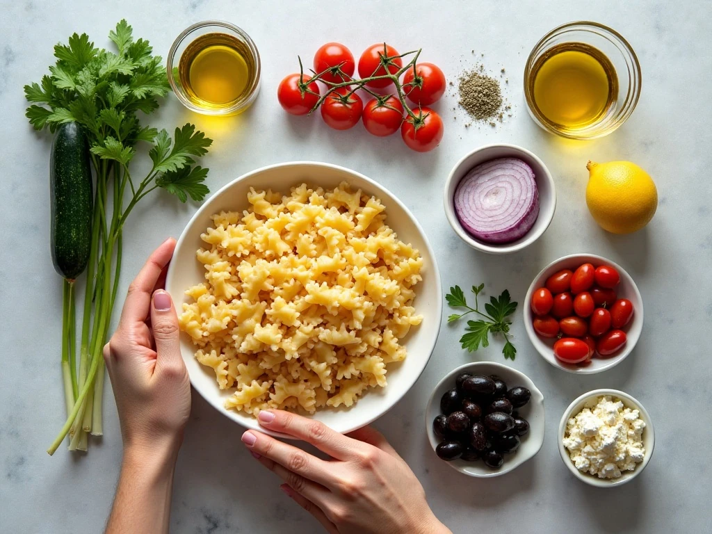 Ingredients for easy bowtie feta pasta salad