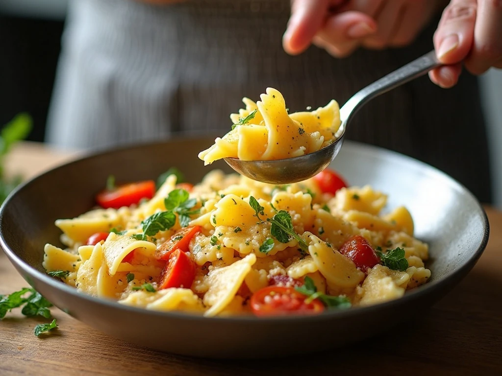 Tossing bowtie pasta salad with vegetables and vinaigrette