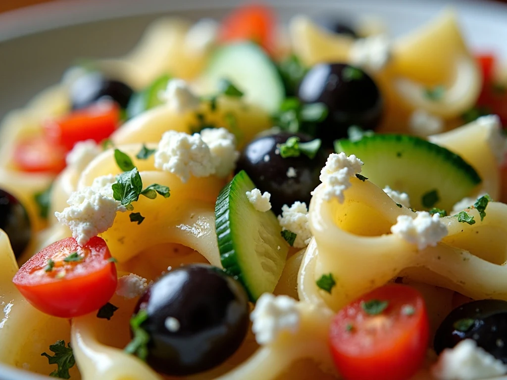 Feta and parsley garnish on bowtie pasta salad