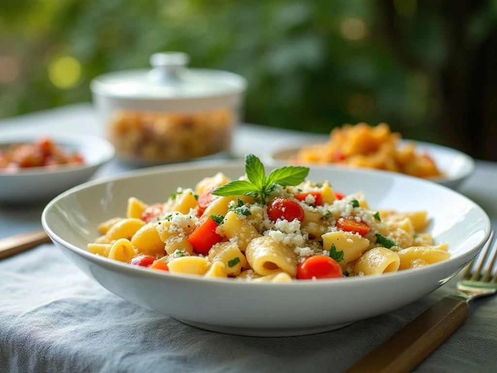 Chilled bowtie feta pasta salad ready for serving
