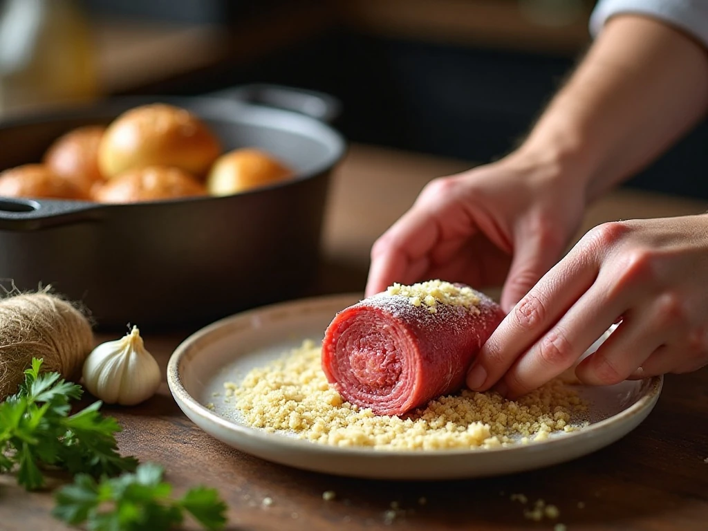 Rolling beef braciole with Italian breadcrumb filling