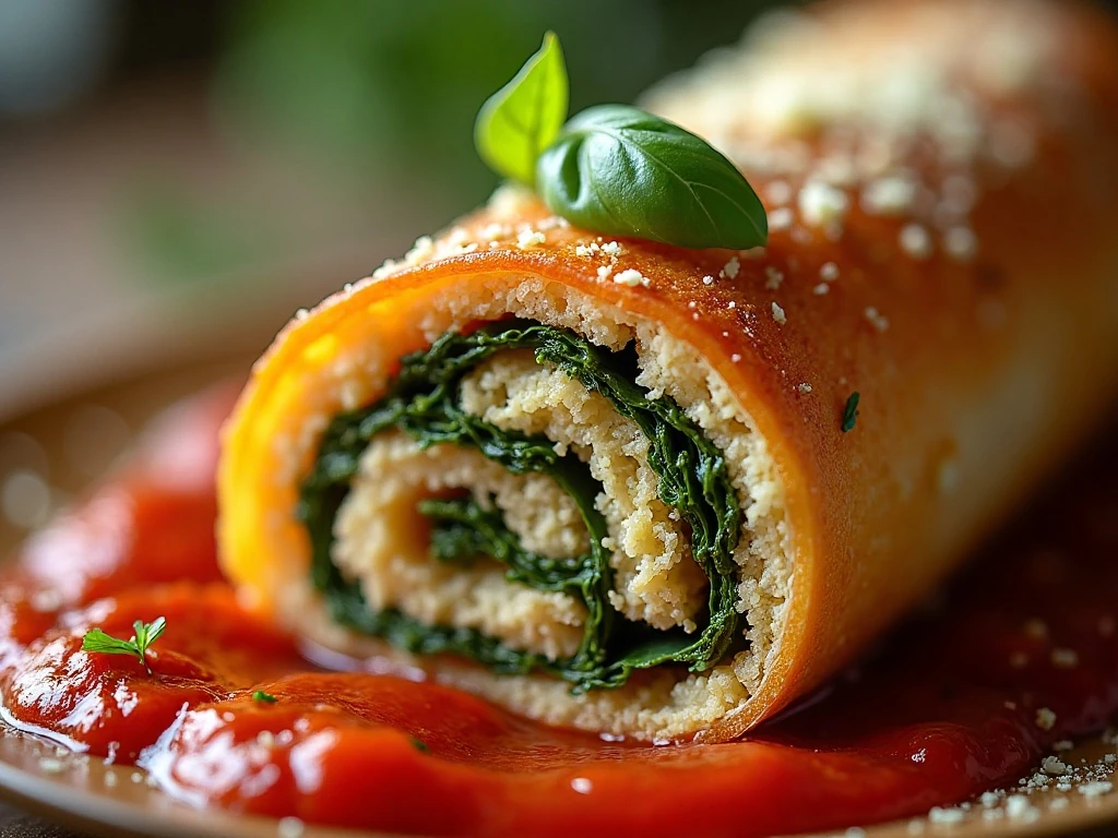 Close-up of braciole filling and basil garnish