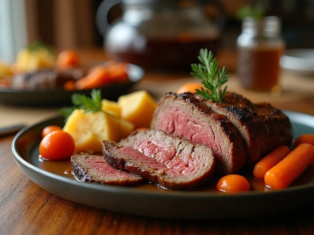 Tender braised beef roast served with potatoes, carrots, and gravy