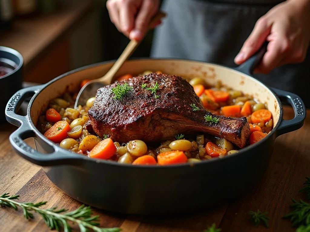 Chuck roast browning in a Dutch oven with aromatic vegetables