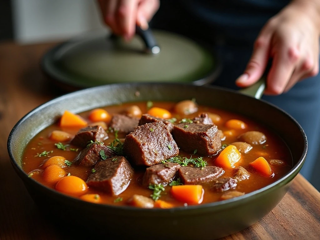 Beef roast gently braising in a covered Dutch oven