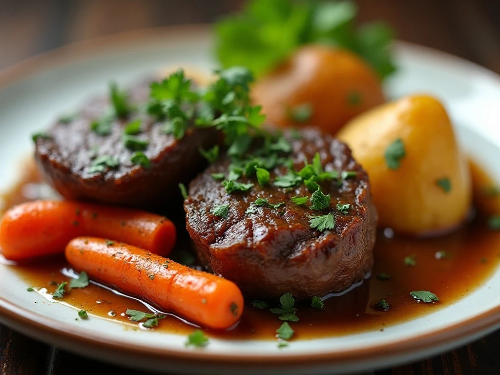 Parsley garnished braised beef roast with vegetables and gravy