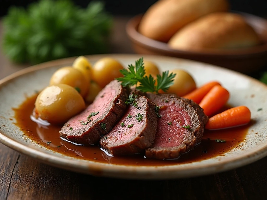 Complete braised beef roast dinner ready to serve