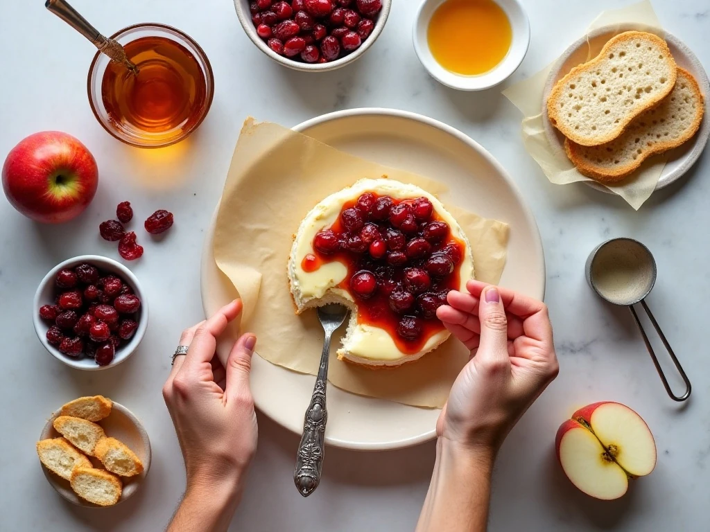 Ingredients for Brandied Cranberry Baked Brie arranged for preparation