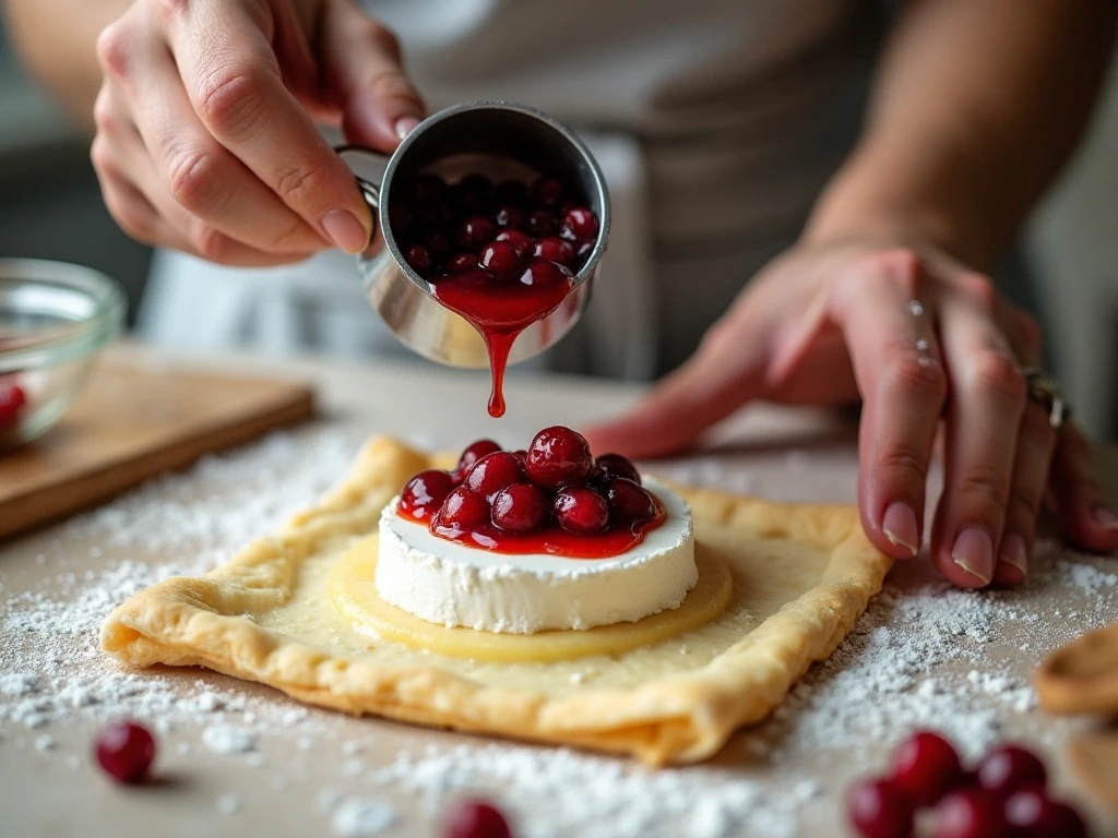 Brandied cranberries spooned onto Brie before wrapping it in puff pastry