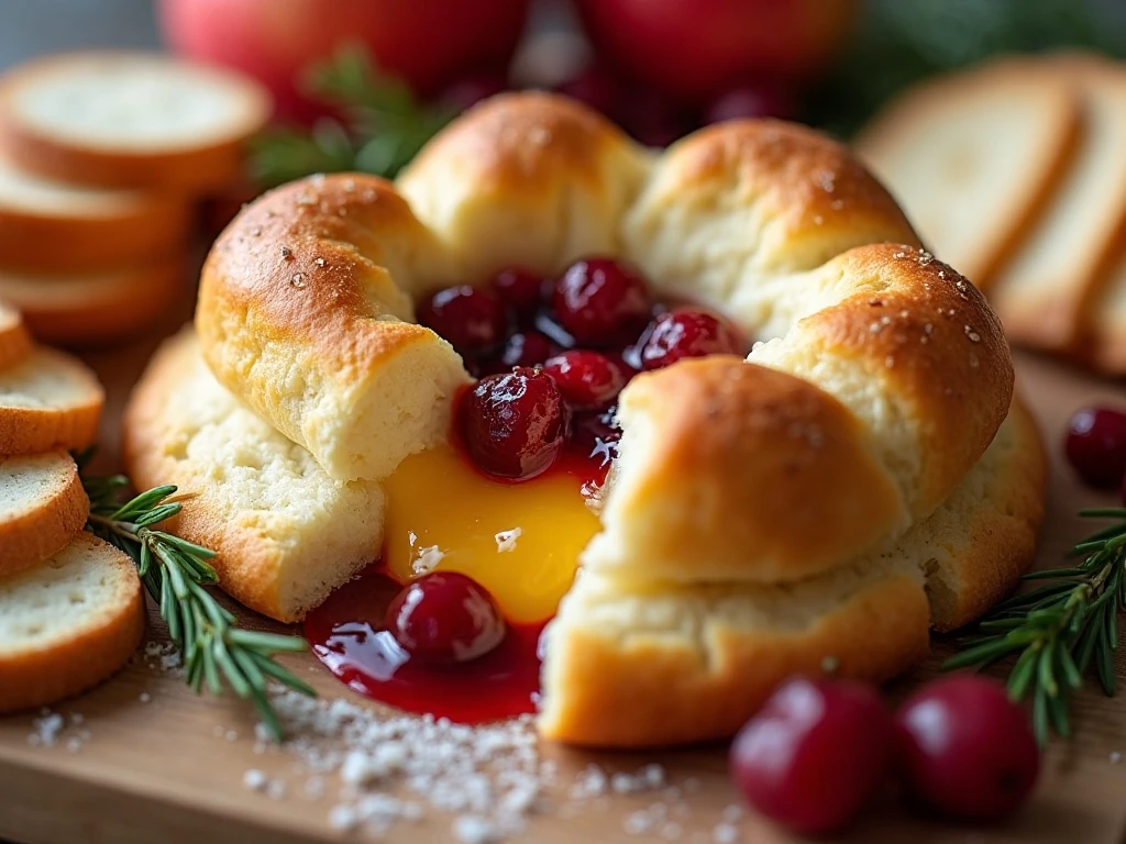 Molten Brie and brandied cranberries inside crisp puff pastry