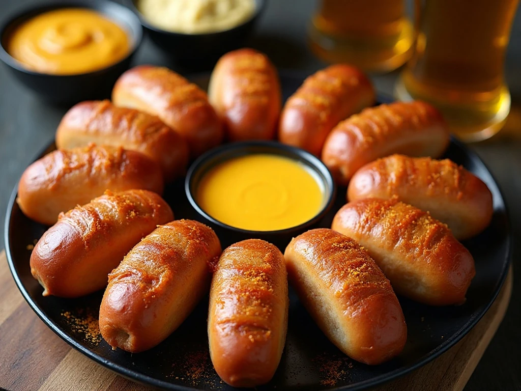 Golden brats in a blanket served with mustard and dipping sauce
