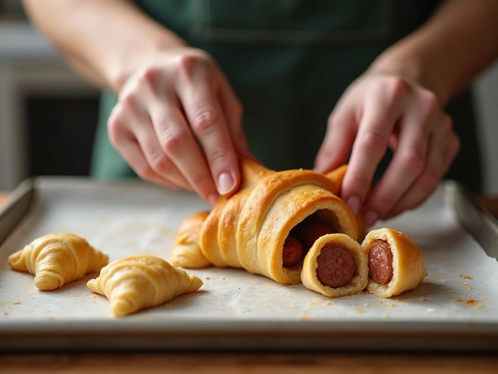 Wrapping bratwurst in crescent-roll dough