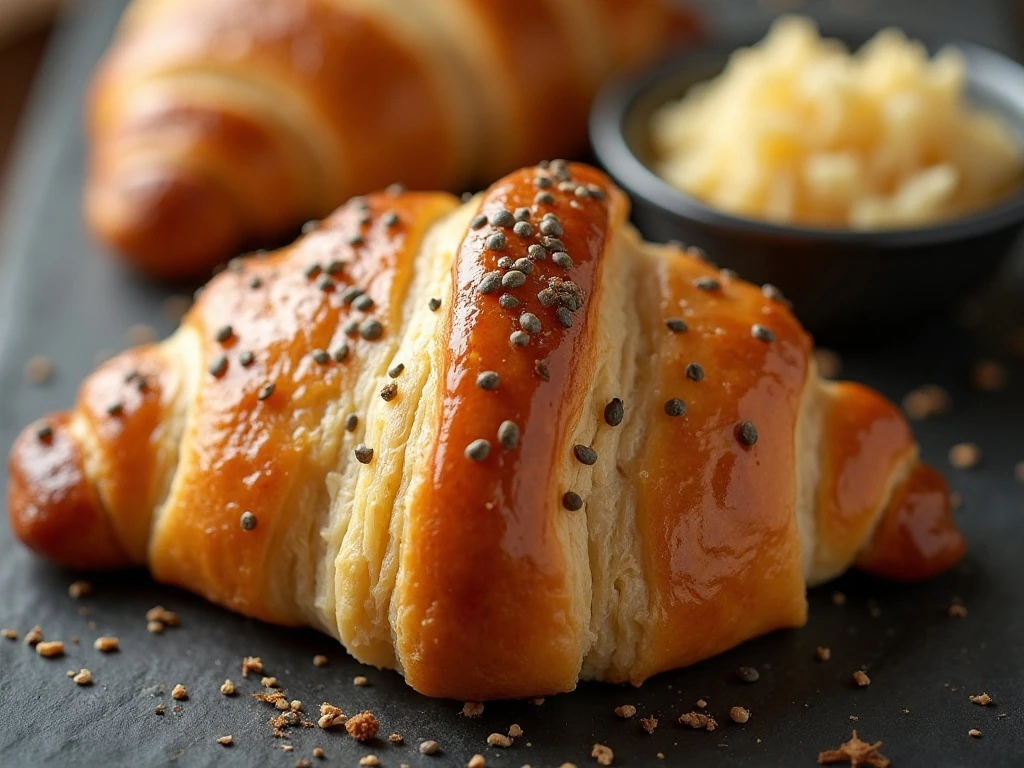 Golden crescent dough topped with caraway seeds
