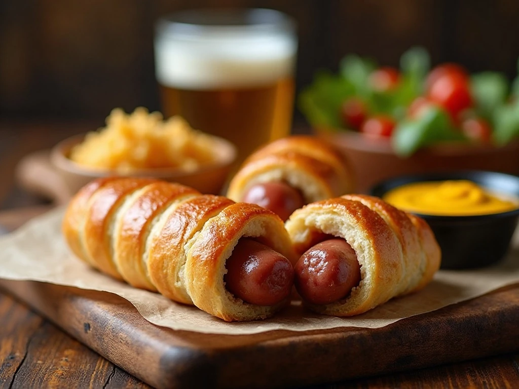 Brats in a blanket appetizer platter with dipping sauces