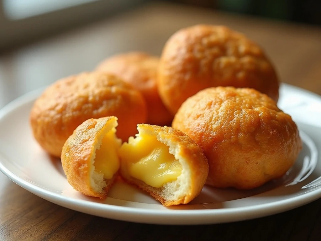 Golden Brazilian cheese puffs showing their chewy Parmesan centers