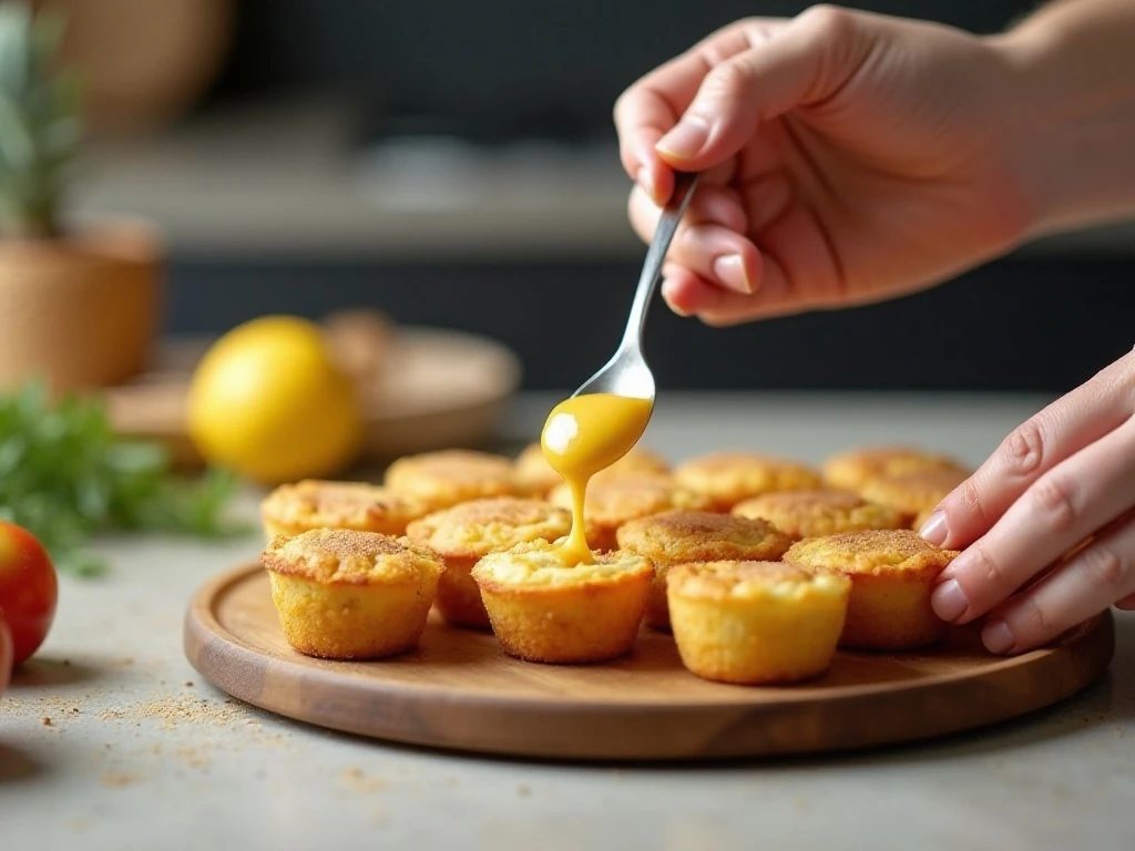 Sticky cheese puff batter being portioned into a mini-muffin pan