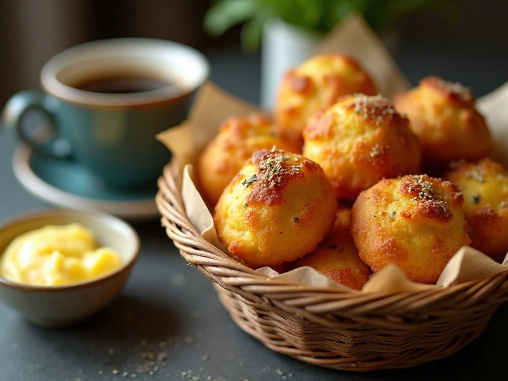Warm pão de queijo served with coffee and herbed butter