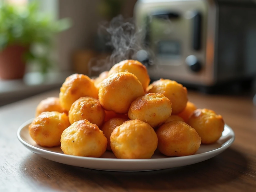 Reheated Brazilian cheese puffs with crisp golden exteriors
