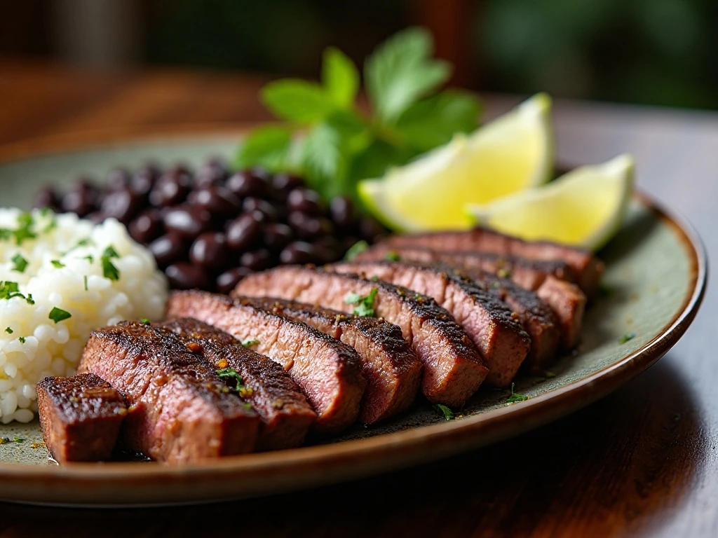 Sliced Brazilian steak served with rice, black beans, farofa, and lime