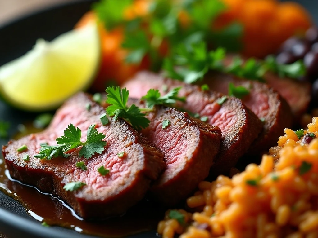 Brazilian steak garnished with herbs and served with classic sides