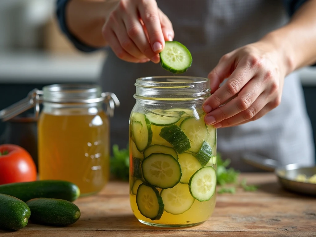 Packing cucumber and onion slices into a pint jar