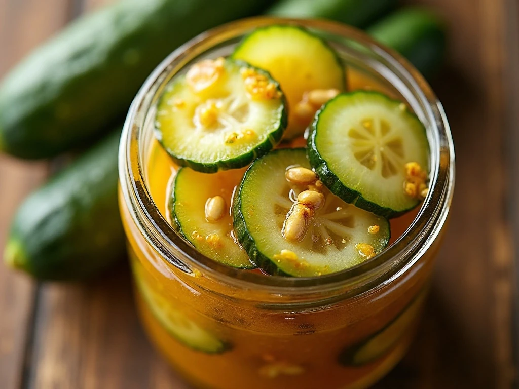 Close-up of crisp bread and butter pickle slices and spices
