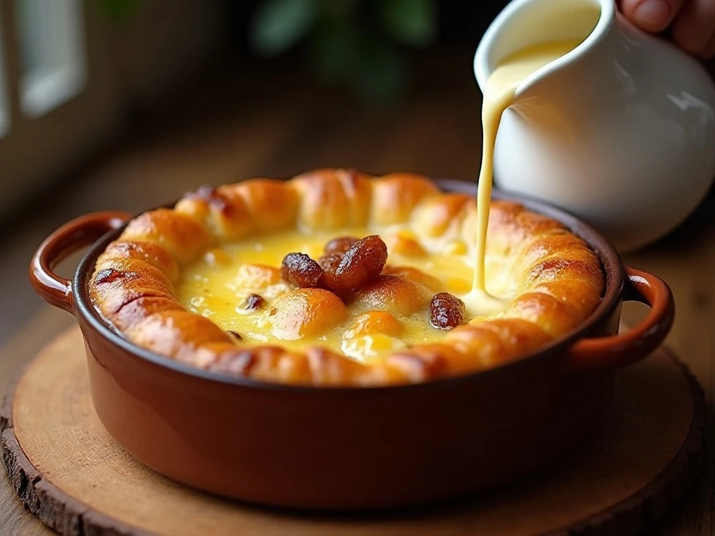 Warm traditional bread and butter pudding with sultanas and cream