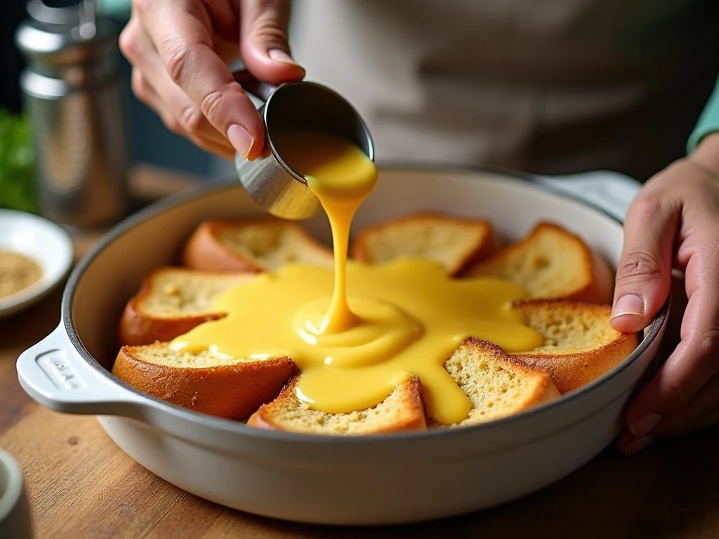 Pouring vanilla custard over bread for bread and butter pudding