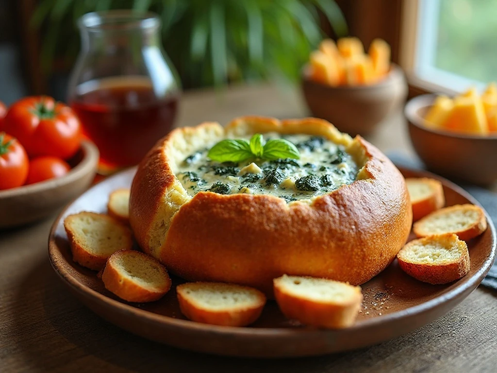 Hot spinach and artichoke dip served in a round bread bowl with toasted bread cubes