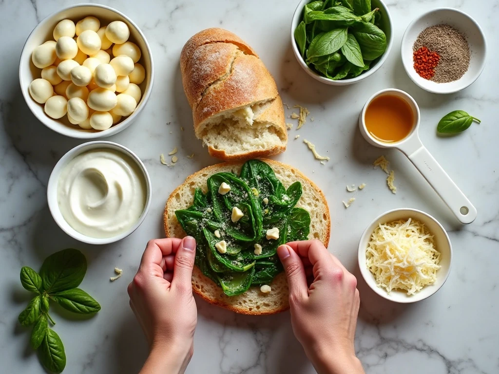 Ingredients for bread bowl spinach and artichoke dip