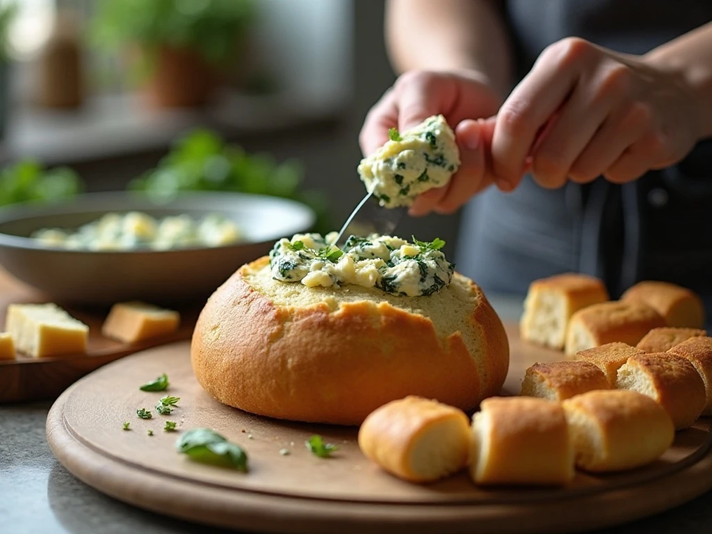 Preparing a hollow bread bowl for hot spinach and artichoke dip