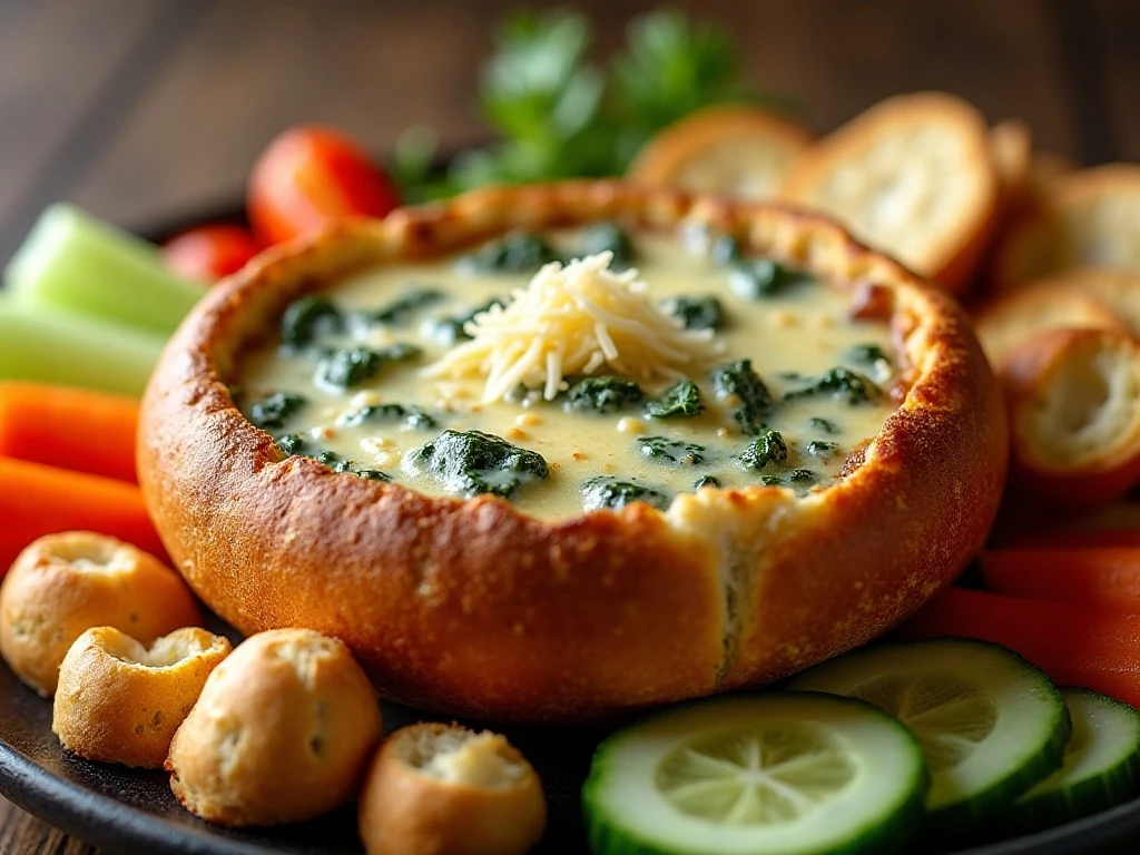 Bread bowl spinach artichoke dip with vegetables crackers and toasted bread