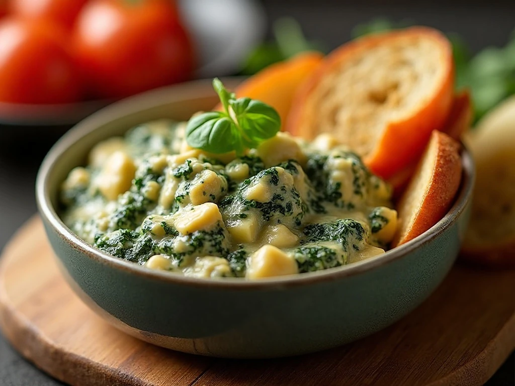 Serving leftover spinach and artichoke dip with toasted bread and vegetables