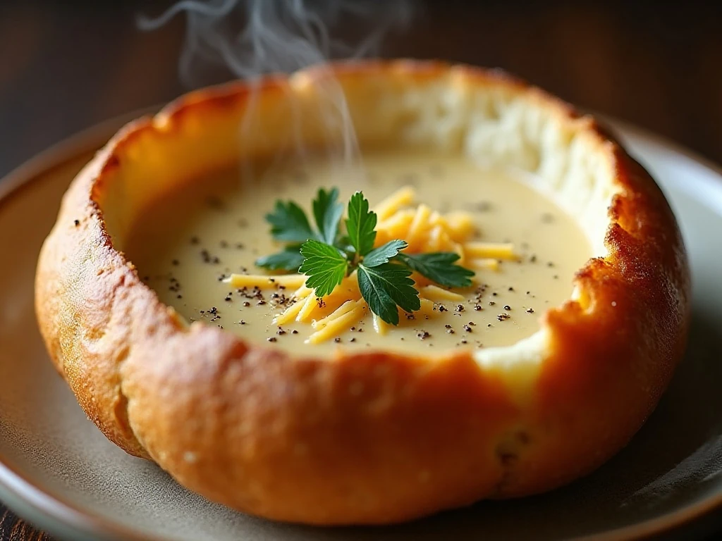 Creamy soup garnished inside a homemade bread bowl