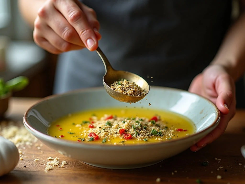 Mixing garlic and herbs into olive oil for dipping