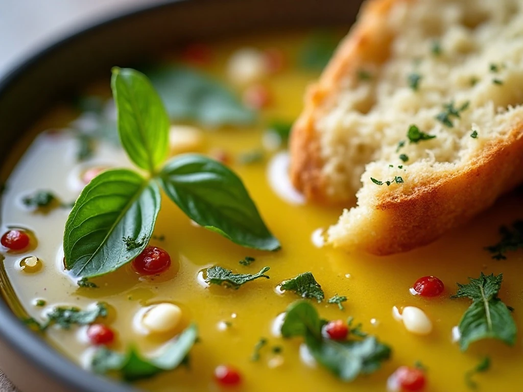 Close-up of herbs and Parmesan in bread dipping oil