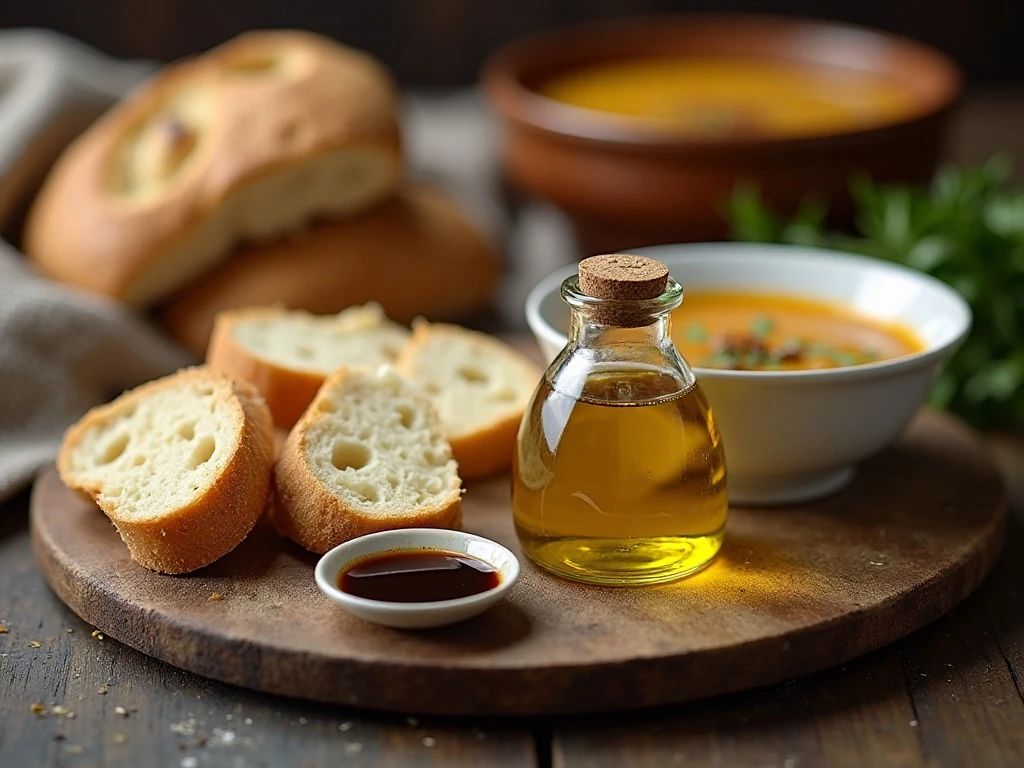 Bread dipping oil served with focaccia, ciabatta, and balsamic vinegar