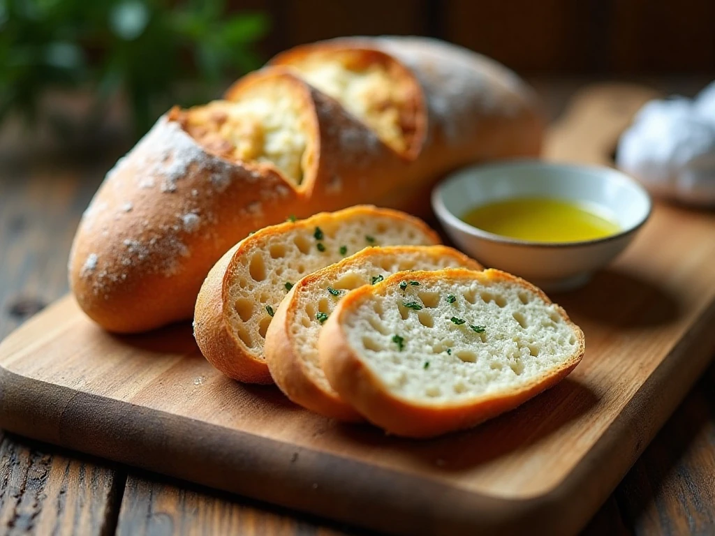 Sliced homemade Italian bread with golden crust and airy crumb
