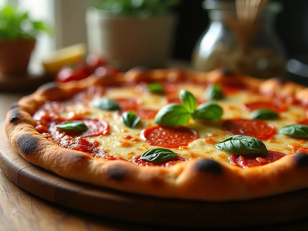 Fresh homemade pizza with a golden chewy crust and melted cheese