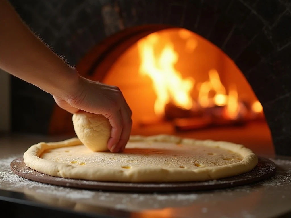 Pizza dough ready for baking on a hot pizza stone