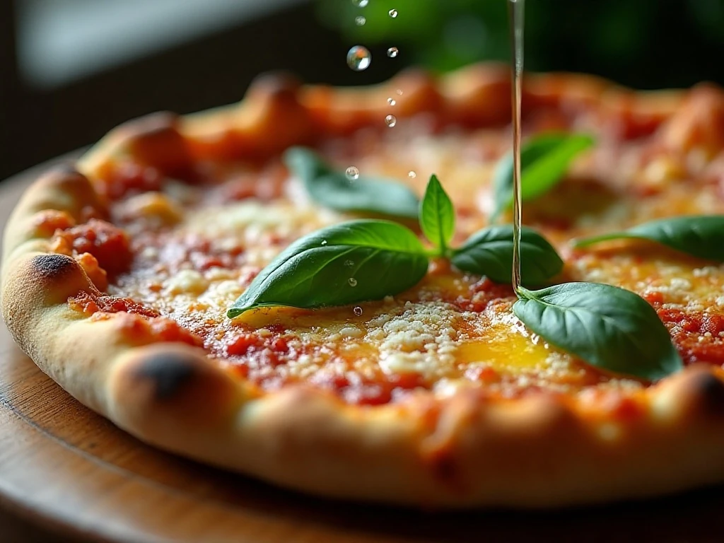 Pizza topped with basil Parmesan and olive oil
