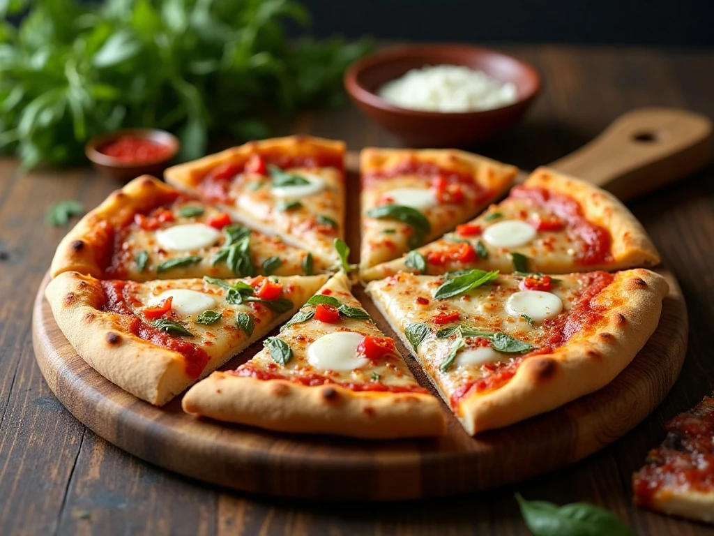 Sliced homemade bread machine pizza served on a board