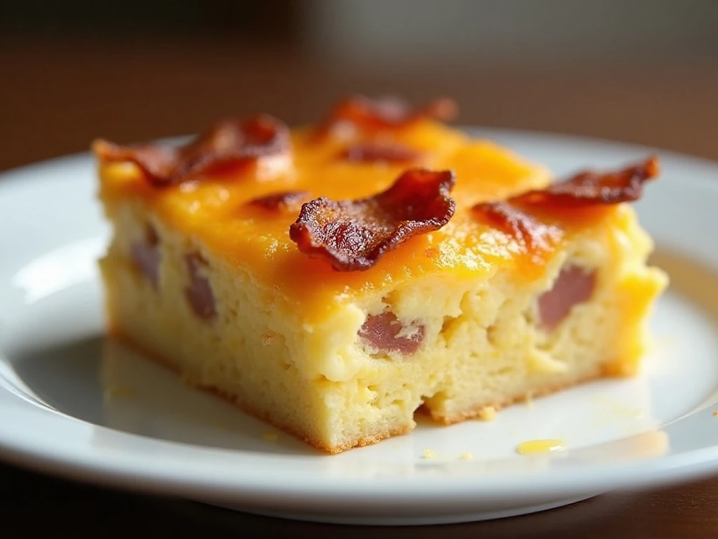 Square of bacon and Cheddar overnight breakfast casserole served for breakfast