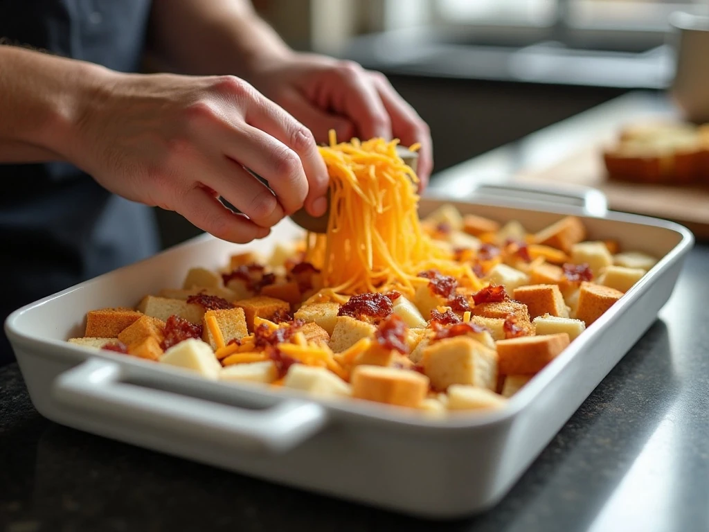 Layering bread, bacon, and cheese for an overnight breakfast casserole