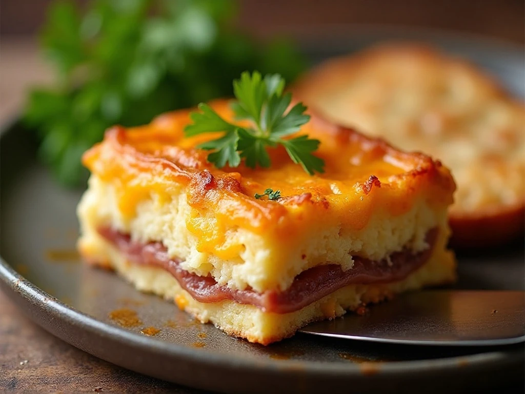 Close-up serving of bacon breakfast casserole with Cheddar cheese